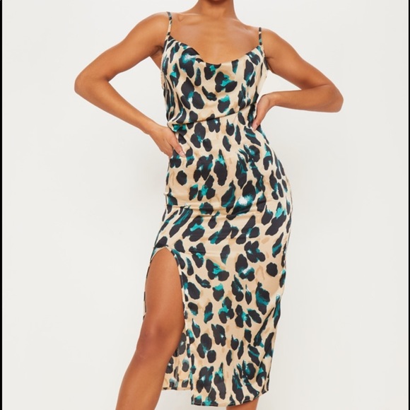 Tan Strappy Satin Leopard Print Cowl Midi Dress - Picture 3 of 10